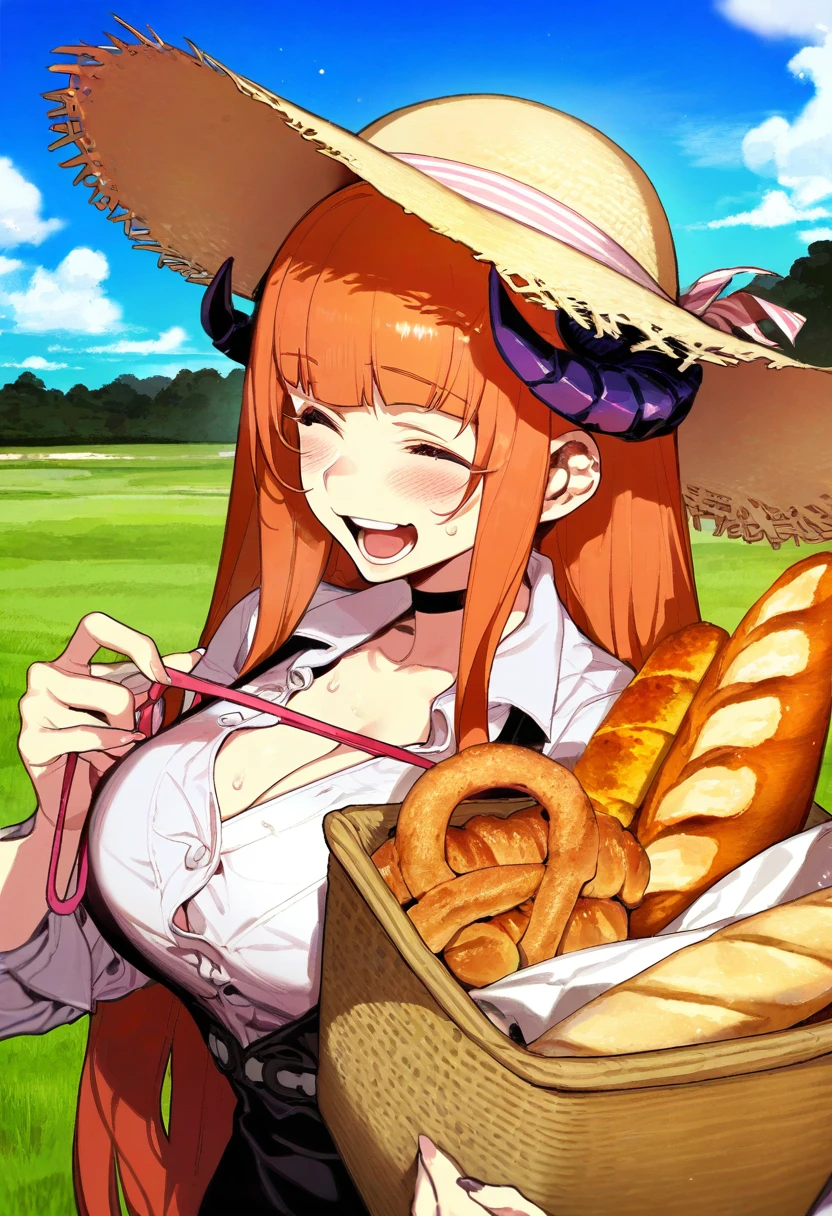 shirable shiki,bacius,sy4,fishine,pigeon666,nonco,zhibuji loom,ask\(askzy\),ireading,karasu raven, - 1girl,bagpipe \(arknights\),arknights,baguette,blush,bread,croissant,holding basket,pretzel,upper body,straw hat,field,sky,laughing,sweat,sunlight,