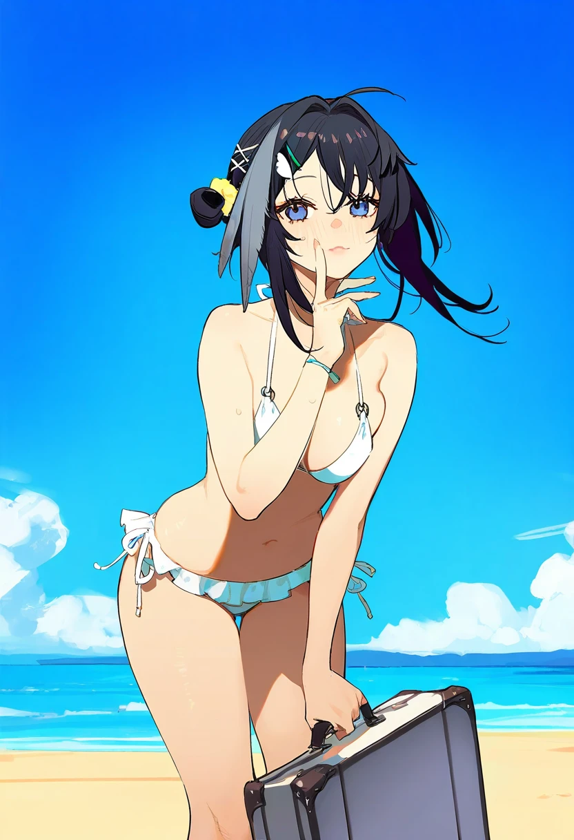 maiqo,ask\(askzy\),beijuu,simao \(x x36131422\),yoneyama mai,jacknife, - 1girl,la pluma \(summer flowers\) \(arknights\),arknights,white bikini,outdoors,navel,day,sky,blue sky,beach,suitcase,looking at viewer,ocean,low-tied long hair,leaning forward,standing,holding,frills,hand up,bare shoulders,floating hair,