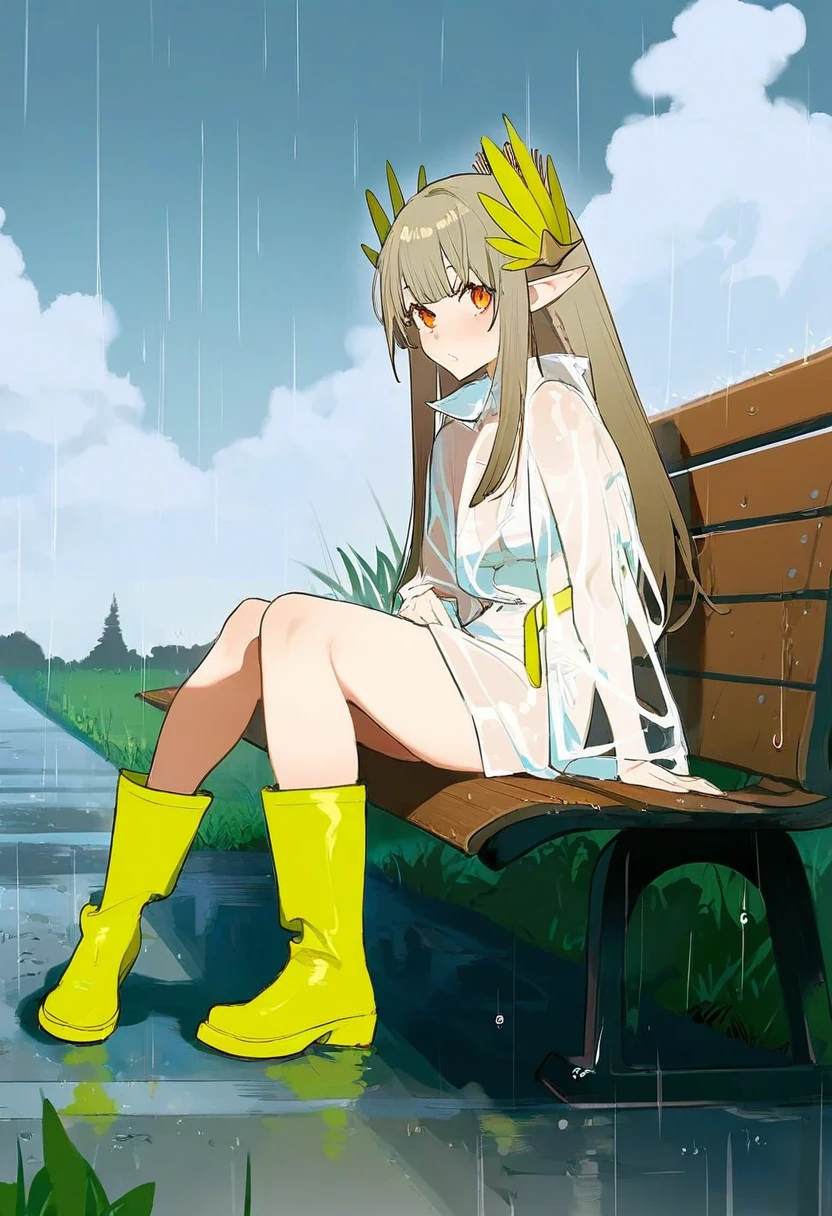 maiqo,ask\(askzy\),beijuu,simao \(x x36131422\),yoneyama mai,jacknife, - 1girl,muelsyse \(arknights\),arknights,cloudy sky,grass,on bench,outdoors,rain,road,yellow rubber boots,see-through coat,sitting,transparent raincoat,water drop,