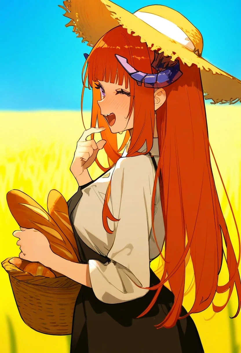 maiqo,ask\(askzy\),beijuu,simao \(x x36131422\),yoneyama mai,jacknife, - 1girl,bagpipe \(arknights\),arknights,baguette,blush,bread,croissant,holding basket,pretzel,upper body,straw hat,field,sky,laughing,sweat,sunlight,