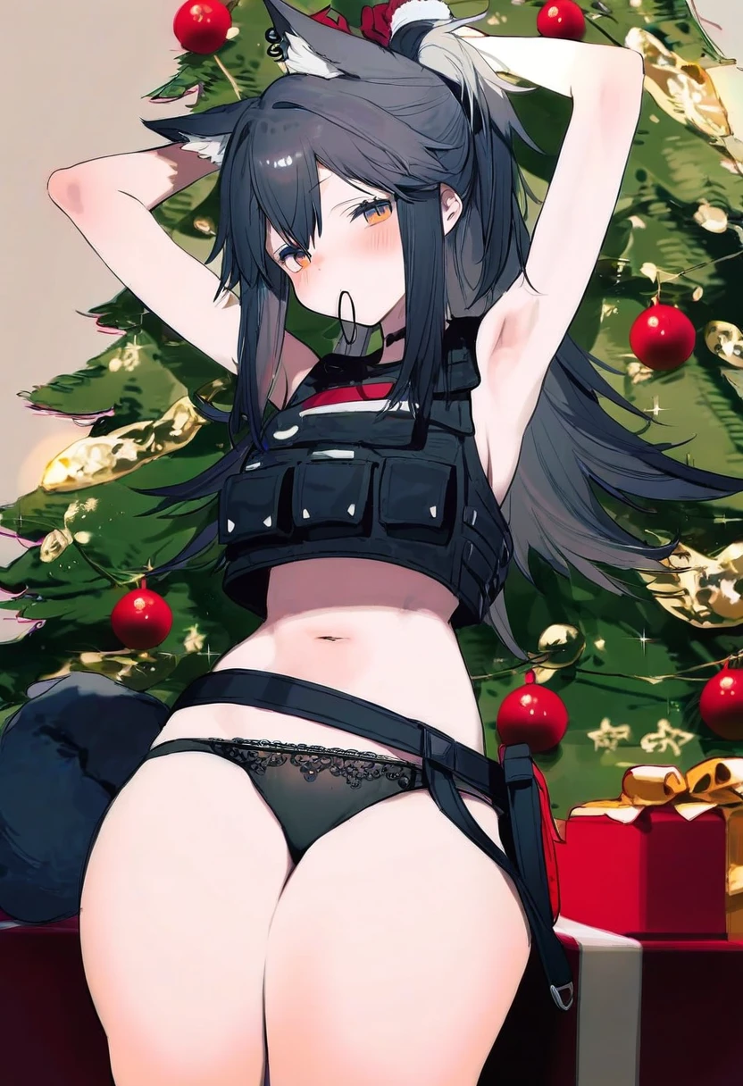 bukurote,you guo chaocai,yumenouchi chiharu, - 1girl,texas \(arknights\),arknights,underwear,tactical vest,christmas tree,christmas ornaments,