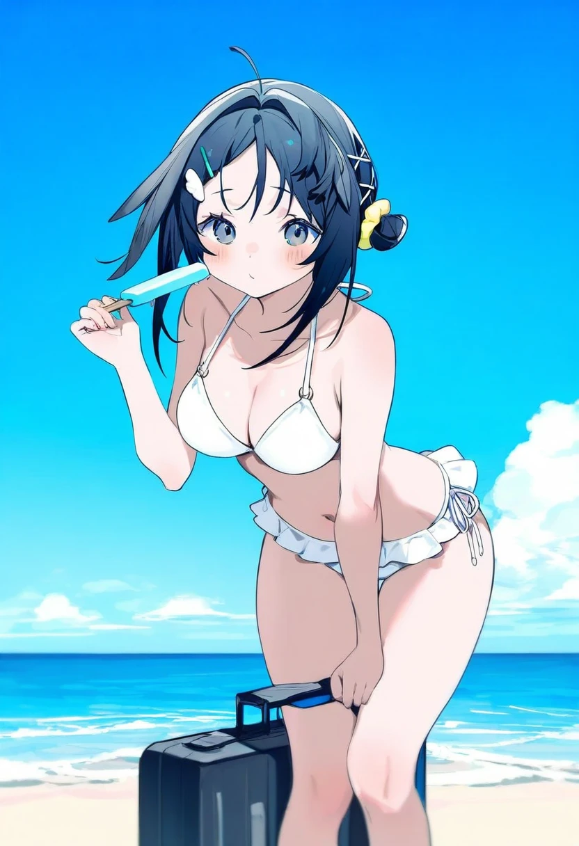 bukurote,you guo chaocai,yumenouchi chiharu, - 1girl,la pluma \(summer flowers\) \(arknights\),arknights,white bikini,outdoors,navel,day,sky,blue sky,beach,suitcase,looking at viewer,ocean,low-tied long hair,leaning forward,standing,holding,frills,hand up,bare shoulders,floating hair,