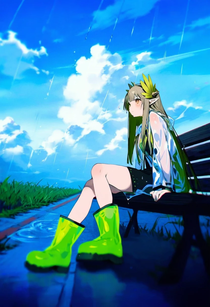 bukurote,you guo chaocai,yumenouchi chiharu, - 1girl,muelsyse \(arknights\),arknights,cloudy sky,grass,on bench,outdoors,rain,road,yellow rubber boots,see-through coat,sitting,transparent raincoat,water drop,