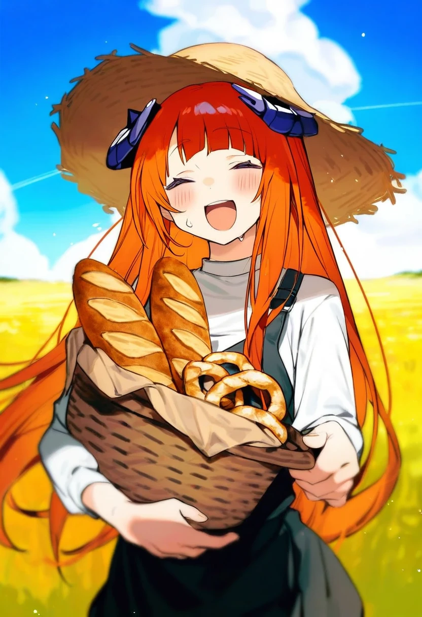 bukurote,you guo chaocai,yumenouchi chiharu, - 1girl,bagpipe \(arknights\),arknights,baguette,blush,bread,croissant,holding basket,pretzel,upper body,straw hat,field,sky,laughing,sweat,sunlight,