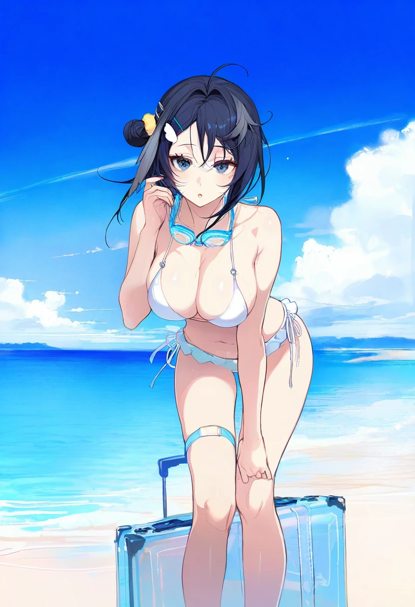 douya \(233\),akizero1510,[lam \(ramdayo\)],fishine,[ask\(askzy\)],puuzaki puuna,karasu raven,[maccha \(mochancc\)],[henreader], - 1girl,la pluma \(summer flowers\) \(arknights\),arknights,white bikini,outdoors,navel,day,sky,blue sky,beach,suitcase,looking at viewer,ocean,low-tied long hair,leaning forward,standing,holding,frills,hand up,bare shoulders,floating hair,