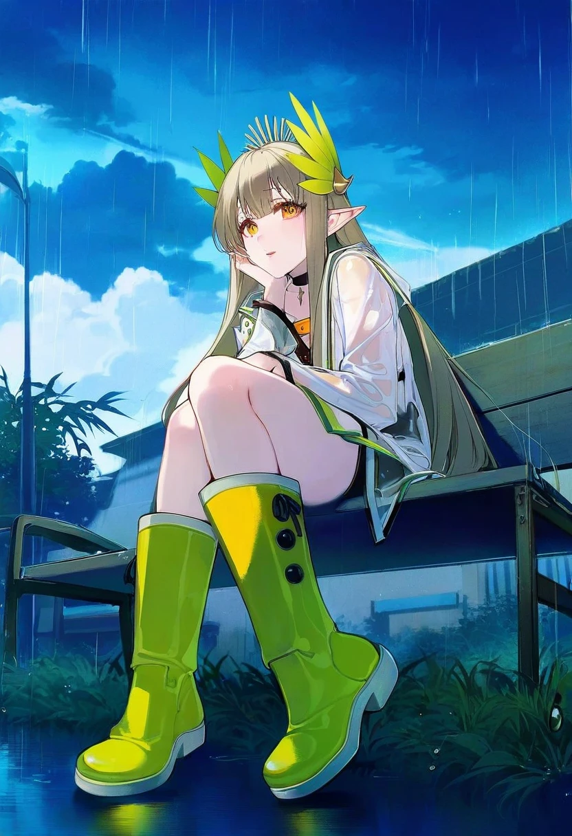 douya \(233\),akizero1510,[lam \(ramdayo\)],fishine,[ask\(askzy\)],puuzaki puuna,karasu raven,[maccha \(mochancc\)],[henreader], - 1girl,muelsyse \(arknights\),arknights,cloudy sky,grass,on bench,outdoors,rain,road,yellow rubber boots,see-through coat,sitting,transparent raincoat,water drop,