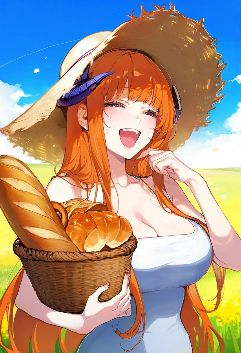 douya \(233\),akizero1510,[lam \(ramdayo\)],fishine,[ask\(askzy\)],puuzaki puuna,karasu raven,[maccha \(mochancc\)],[henreader], - 1girl,bagpipe \(arknights\),arknights,baguette,blush,bread,croissant,holding basket,pretzel,upper body,straw hat,field,sky,laughing,sweat,sunlight,
