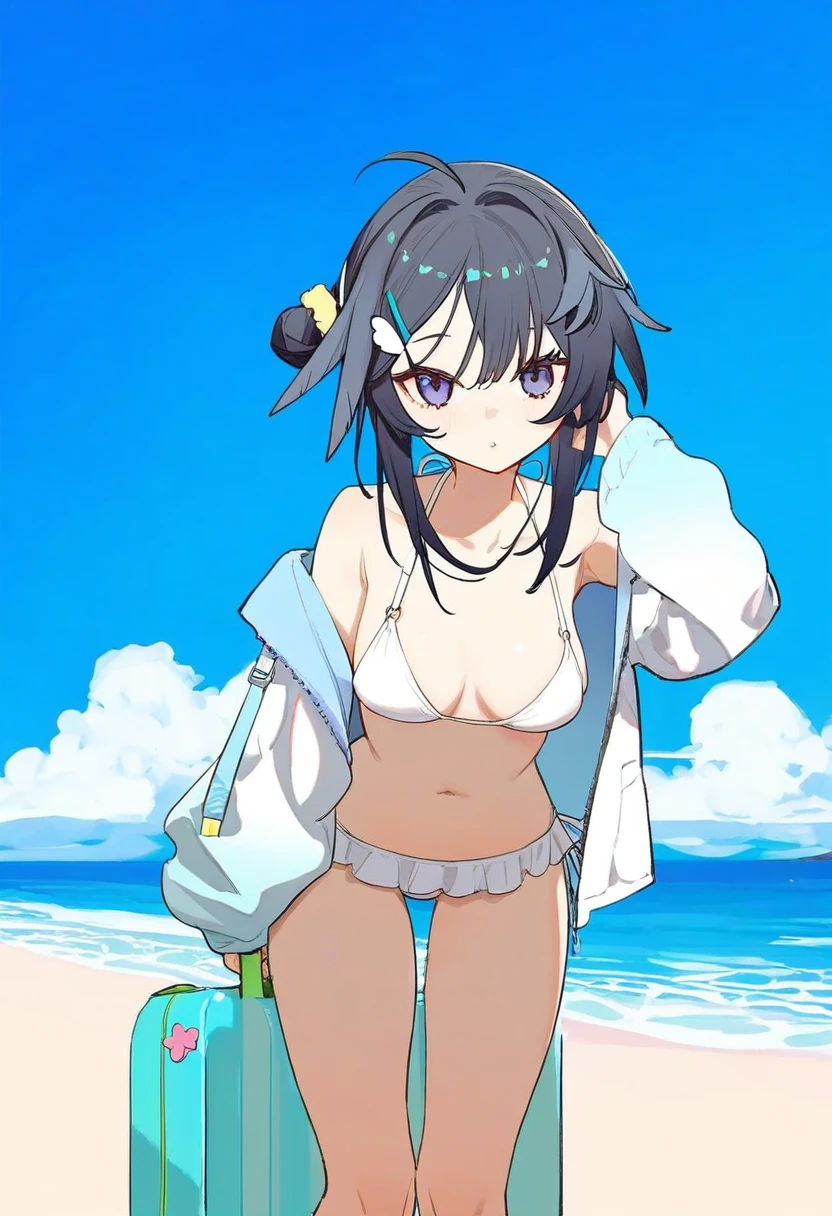 fenrir \(fenriluuu\),ask\(askzy\),[beijuu],tianliang duohe fangdongye,simao \(x x36131422\),[yoneyama mai],kedama milk, - 1girl,la pluma \(summer flowers\) \(arknights\),arknights,white bikini,outdoors,navel,day,sky,blue sky,beach,suitcase,looking at viewer,ocean,low-tied long hair,leaning forward,standing,holding,frills,hand up,bare shoulders,floating hair,