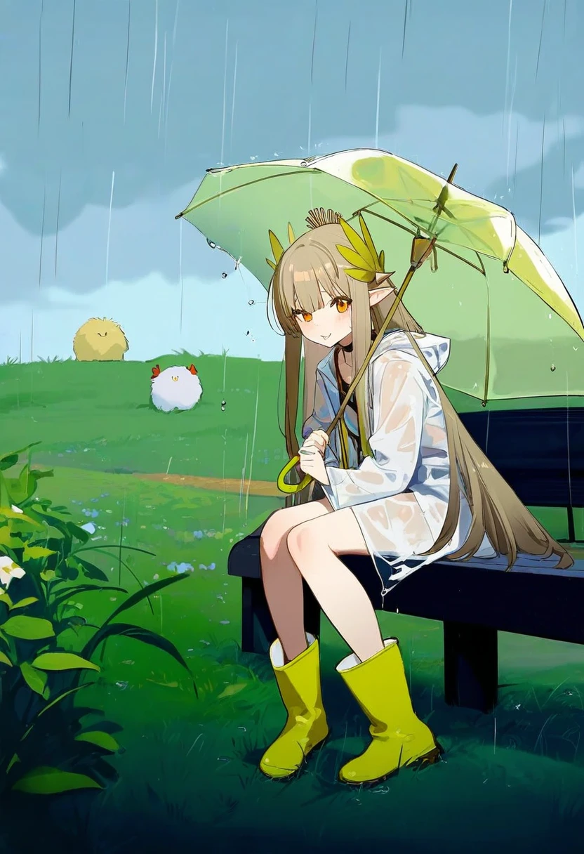 fenrir \(fenriluuu\),ask\(askzy\),[beijuu],tianliang duohe fangdongye,simao \(x x36131422\),[yoneyama mai],kedama milk, - 1girl,muelsyse \(arknights\),arknights,cloudy sky,grass,on bench,outdoors,rain,road,yellow rubber boots,see-through coat,sitting,transparent raincoat,water drop,