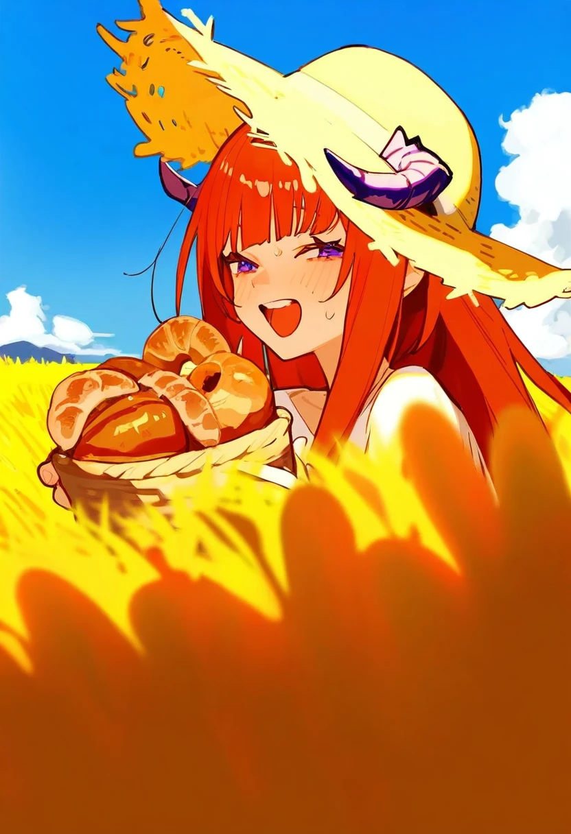 fenrir \(fenriluuu\),ask\(askzy\),[beijuu],tianliang duohe fangdongye,simao \(x x36131422\),[yoneyama mai],kedama milk, - 1girl,bagpipe \(arknights\),arknights,baguette,blush,bread,croissant,holding basket,pretzel,upper body,straw hat,field,sky,laughing,sweat,sunlight,