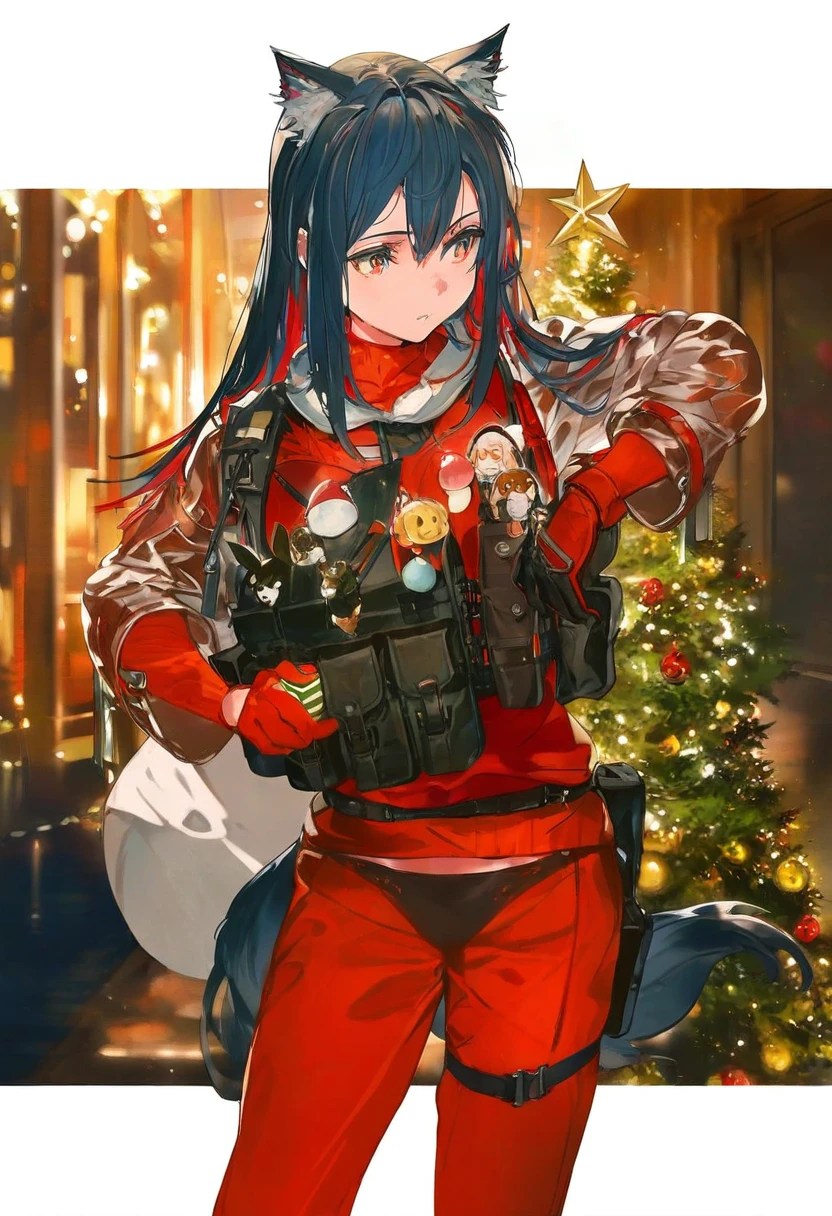 minaba hideo,rei \(sanbonzakura\),mika pikazo,[alchemaniac],[[yoneyama mai]], - 1girl,texas \(arknights\),arknights,underwear,tactical vest,christmas tree,christmas ornaments,