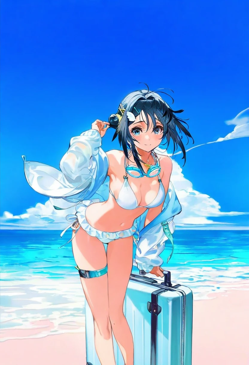 minaba hideo,rei \(sanbonzakura\),mika pikazo,[alchemaniac],[[yoneyama mai]], - 1girl,la pluma \(summer flowers\) \(arknights\),arknights,white bikini,outdoors,navel,day,sky,blue sky,beach,suitcase,looking at viewer,ocean,low-tied long hair,leaning forward,standing,holding,frills,hand up,bare shoulders,floating hair,