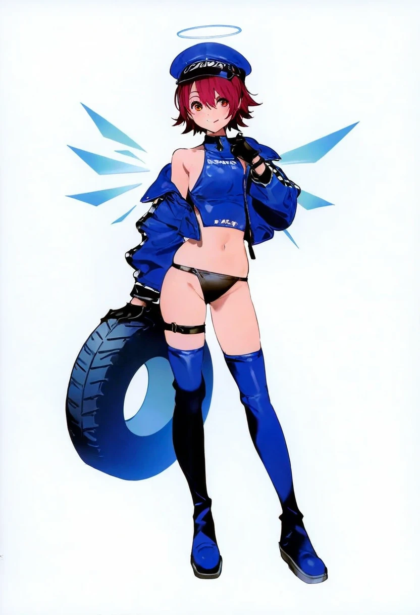 minaba hideo,rei \(sanbonzakura\),mika pikazo,[alchemaniac],[[yoneyama mai]], - 1girl,exusiai \(arknights\),arknights,black gloves,black panties,blue thigh boots,blue hat,blue jacket,long sleeves,race queen,thigh strap,thong,single bare shoulder,skindentation,tire,