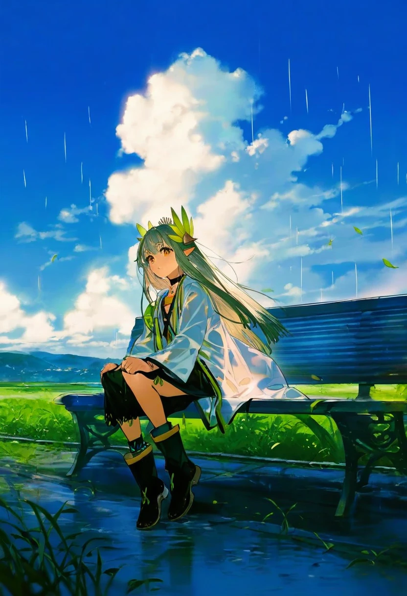 minaba hideo,rei \(sanbonzakura\),mika pikazo,[alchemaniac],[[yoneyama mai]], - 1girl,muelsyse \(arknights\),arknights,cloudy sky,grass,on bench,outdoors,rain,road,yellow rubber boots,see-through coat,sitting,transparent raincoat,water drop,