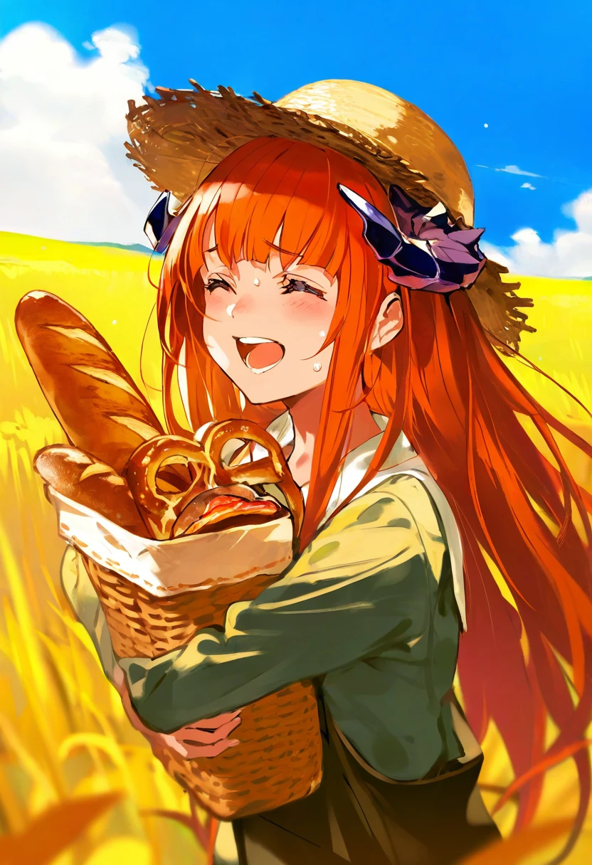 minaba hideo,rei \(sanbonzakura\),mika pikazo,[alchemaniac],[[yoneyama mai]], - 1girl,bagpipe \(arknights\),arknights,baguette,blush,bread,croissant,holding basket,pretzel,upper body,straw hat,field,sky,laughing,sweat,sunlight,