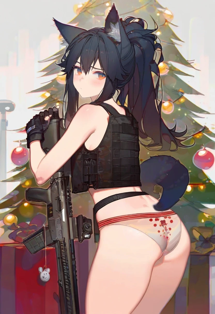 timbougami,gorgeous mushroom,kawacy,songjikyo, - 1girl,texas \(arknights\),arknights,underwear,tactical vest,christmas tree,christmas ornaments,
