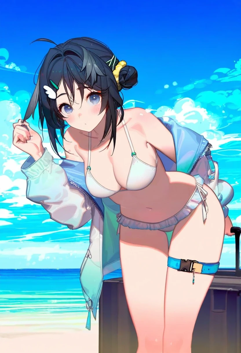 timbougami,gorgeous mushroom,kawacy,songjikyo, - 1girl,la pluma \(summer flowers\) \(arknights\),arknights,white bikini,outdoors,navel,day,sky,blue sky,beach,suitcase,looking at viewer,ocean,low-tied long hair,leaning forward,standing,holding,frills,hand up,bare shoulders,floating hair,