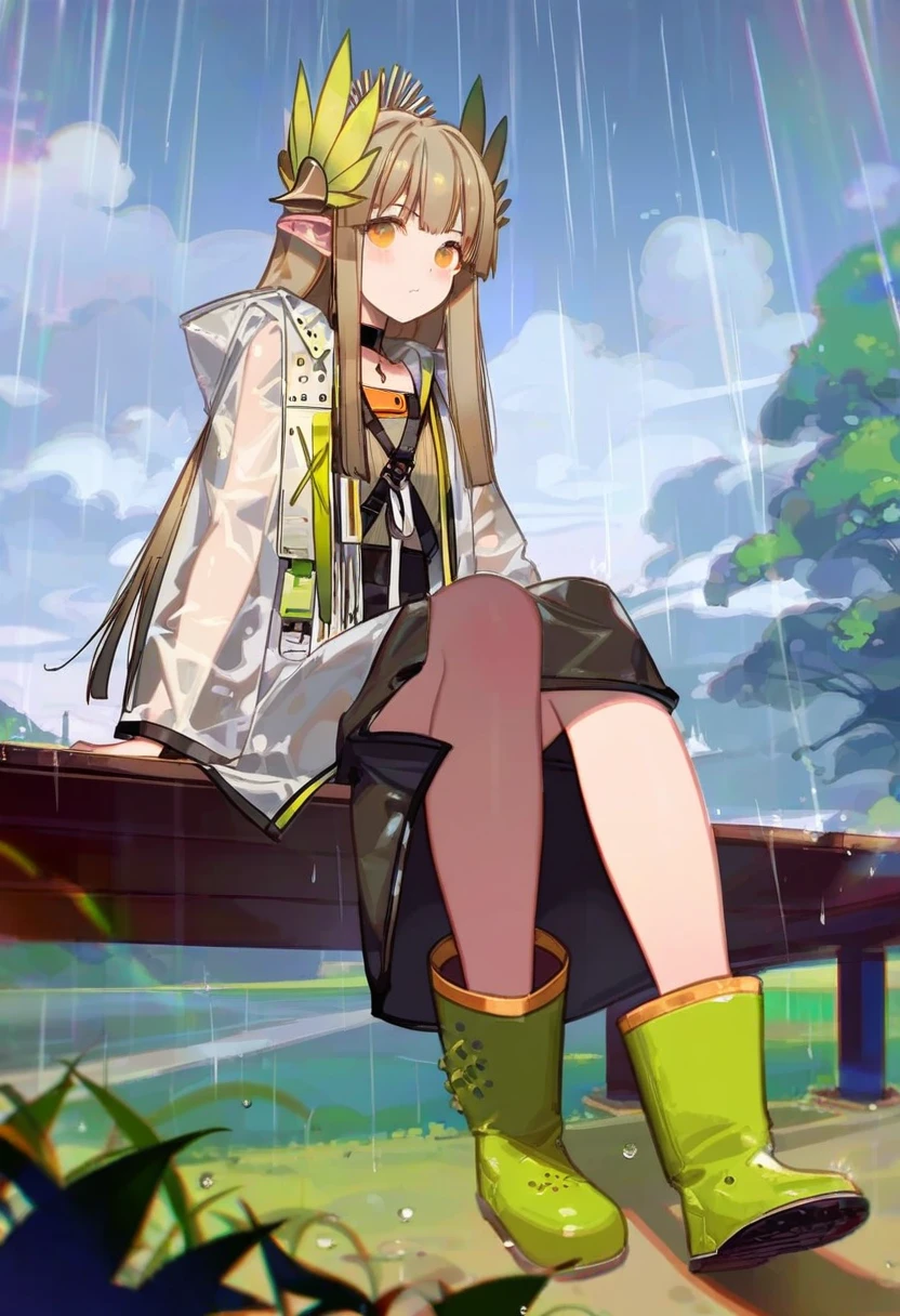 timbougami,gorgeous mushroom,kawacy,songjikyo, - 1girl,muelsyse \(arknights\),arknights,cloudy sky,grass,on bench,outdoors,rain,road,yellow rubber boots,see-through coat,sitting,transparent raincoat,water drop,