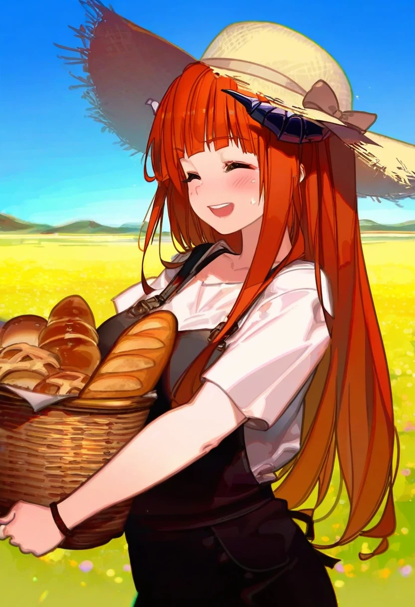 timbougami,gorgeous mushroom,kawacy,songjikyo, - 1girl,bagpipe \(arknights\),arknights,baguette,blush,bread,croissant,holding basket,pretzel,upper body,straw hat,field,sky,laughing,sweat,sunlight,
