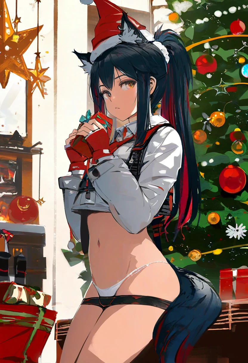 akizero1510,ireading,[alchemaniac],[[[wlop]]],[yaegashi nan],aka kan, - 1girl,texas \(arknights\),arknights,underwear,tactical vest,christmas tree,christmas ornaments,