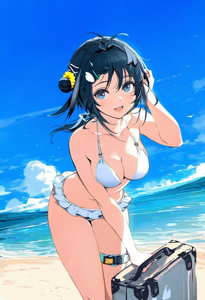 akizero1510,ireading,[alchemaniac],[[[wlop]]],[yaegashi nan],aka kan, - 1girl,la pluma \(summer flowers\) \(arknights\),arknights,white bikini,outdoors,navel,day,sky,blue sky,beach,suitcase,looking at viewer,ocean,low-tied long hair,leaning forward,standing,holding,frills,hand up,bare shoulders,floating hair,