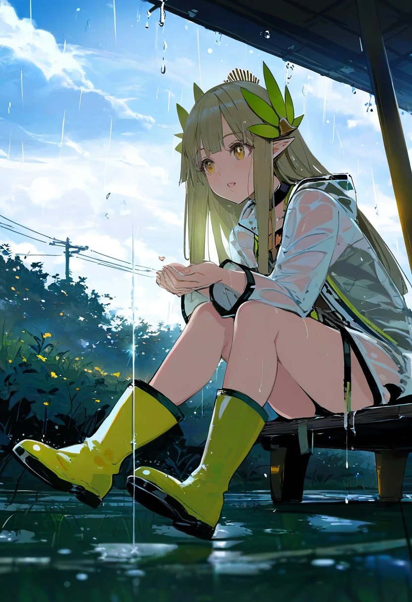 akizero1510,ireading,[alchemaniac],[[[wlop]]],[yaegashi nan],aka kan, - 1girl,muelsyse \(arknights\),arknights,cloudy sky,grass,on bench,outdoors,rain,road,yellow rubber boots,see-through coat,sitting,transparent raincoat,water drop,