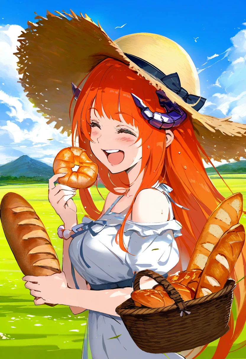 akizero1510,ireading,[alchemaniac],[[[wlop]]],[yaegashi nan],aka kan, - 1girl,bagpipe \(arknights\),arknights,baguette,blush,bread,croissant,holding basket,pretzel,upper body,straw hat,field,sky,laughing,sweat,sunlight,