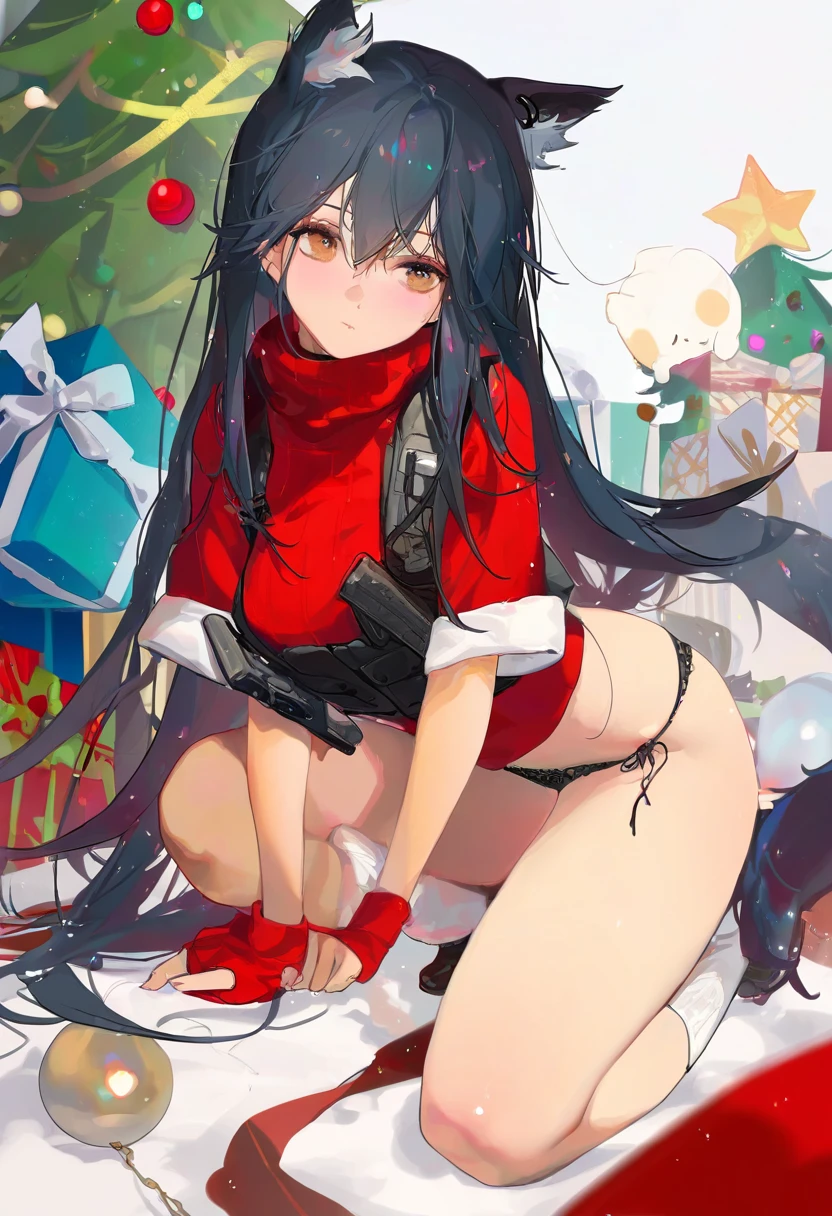 dm \(dai miao\),songjikyo,[[shisantian]],yamakawa,[kedama milk],ttosom, - 1girl,texas \(arknights\),arknights,underwear,tactical vest,christmas tree,christmas ornaments,