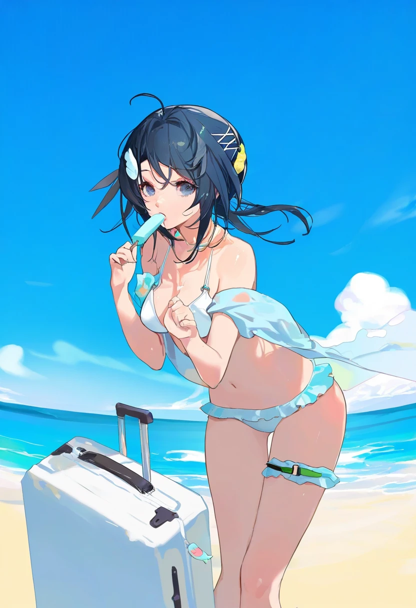 dm \(dai miao\),songjikyo,[[shisantian]],yamakawa,[kedama milk],ttosom, - 1girl,la pluma \(summer flowers\) \(arknights\),arknights,white bikini,outdoors,navel,day,sky,blue sky,beach,suitcase,looking at viewer,ocean,low-tied long hair,leaning forward,standing,holding,frills,hand up,bare shoulders,floating hair,