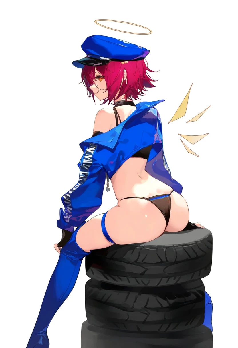 dm \(dai miao\),songjikyo,[[shisantian]],yamakawa,[kedama milk],ttosom, - 1girl,exusiai \(arknights\),arknights,black gloves,black panties,blue thigh boots,blue hat,blue jacket,long sleeves,race queen,thigh strap,thong,single bare shoulder,skindentation,tire,