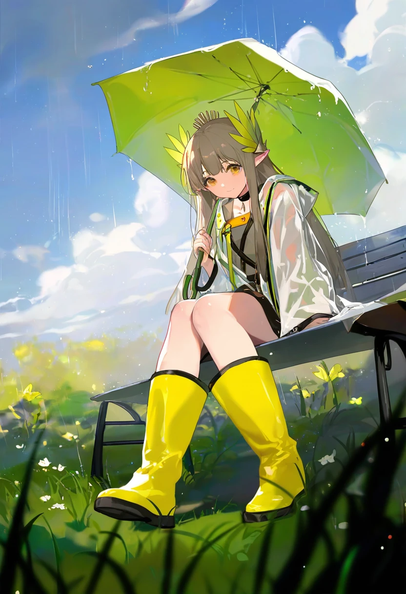 dm \(dai miao\),songjikyo,[[shisantian]],yamakawa,[kedama milk],ttosom, - 1girl,muelsyse \(arknights\),arknights,cloudy sky,grass,on bench,outdoors,rain,road,yellow rubber boots,see-through coat,sitting,transparent raincoat,water drop,