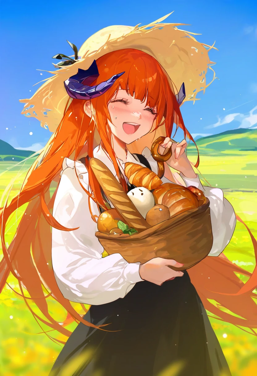 dm \(dai miao\),songjikyo,[[shisantian]],yamakawa,[kedama milk],ttosom, - 1girl,bagpipe \(arknights\),arknights,baguette,blush,bread,croissant,holding basket,pretzel,upper body,straw hat,field,sky,laughing,sweat,sunlight,