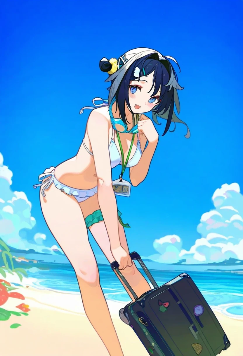 rororogi mogera,[KuroBlood,bukurote],timbougami,[[tianliang duohe fangdongye]],[ideolo], - 1girl,la pluma \(summer flowers\) \(arknights\),arknights,white bikini,outdoors,navel,day,sky,blue sky,beach,suitcase,looking at viewer,ocean,low-tied long hair,leaning forward,standing,holding,frills,hand up,bare shoulders,floating hair,