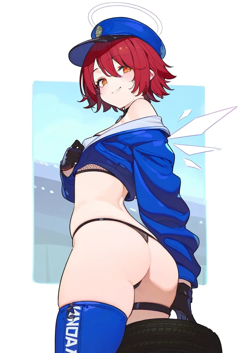 rororogi mogera,[KuroBlood,bukurote],timbougami,[[tianliang duohe fangdongye]],[ideolo], - 1girl,exusiai \(arknights\),arknights,black gloves,black panties,blue thigh boots,blue hat,blue jacket,long sleeves,race queen,thigh strap,thong,single bare shoulder,skindentation,tire,