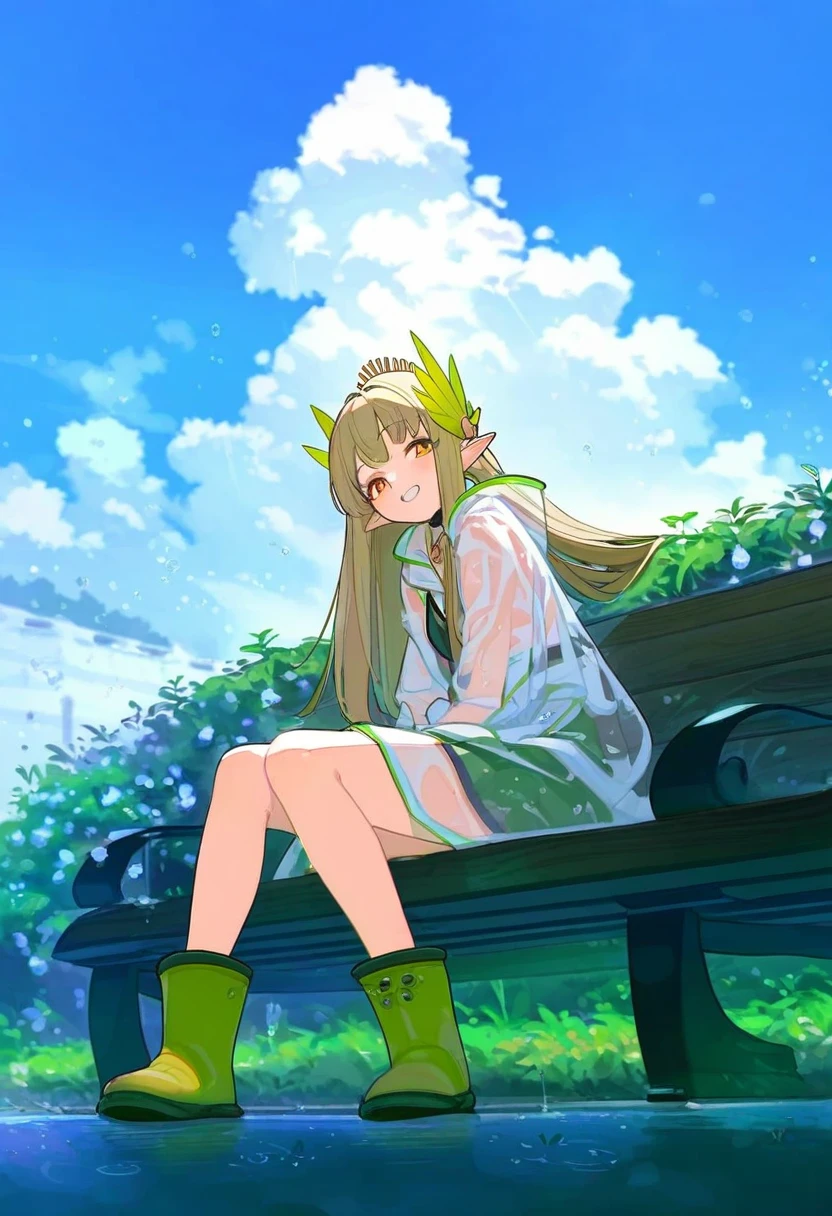 rororogi mogera,[KuroBlood,bukurote],timbougami,[[tianliang duohe fangdongye]],[ideolo], - 1girl,muelsyse \(arknights\),arknights,cloudy sky,grass,on bench,outdoors,rain,road,yellow rubber boots,see-through coat,sitting,transparent raincoat,water drop,