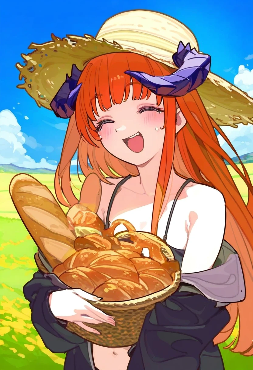 rororogi mogera,[KuroBlood,bukurote],timbougami,[[tianliang duohe fangdongye]],[ideolo], - 1girl,bagpipe \(arknights\),arknights,baguette,blush,bread,croissant,holding basket,pretzel,upper body,straw hat,field,sky,laughing,sweat,sunlight,