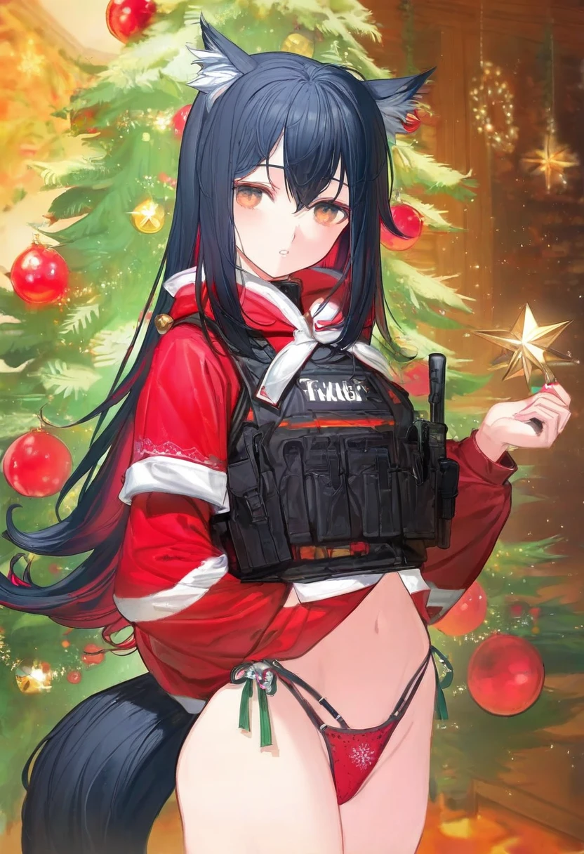 nababa,[KuroBlood,sencha \(senchat\)],timbougami,[[maccha \(mochancc\)]],[alchemaniac], - 1girl,texas \(arknights\),arknights,underwear,tactical vest,christmas tree,christmas ornaments,