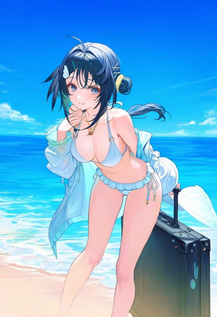 nababa,[KuroBlood,sencha \(senchat\)],timbougami,[[maccha \(mochancc\)]],[alchemaniac], - 1girl,la pluma \(summer flowers\) \(arknights\),arknights,white bikini,outdoors,navel,day,sky,blue sky,beach,suitcase,looking at viewer,ocean,low-tied long hair,leaning forward,standing,holding,frills,hand up,bare shoulders,floating hair,