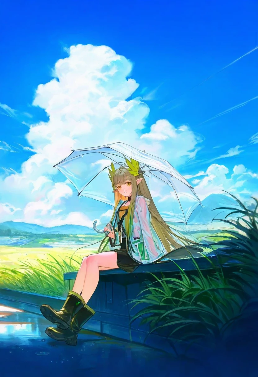 nababa,[KuroBlood,sencha \(senchat\)],timbougami,[[maccha \(mochancc\)]],[alchemaniac], - 1girl,muelsyse \(arknights\),arknights,cloudy sky,grass,on bench,outdoors,rain,road,yellow rubber boots,see-through coat,sitting,transparent raincoat,water drop,