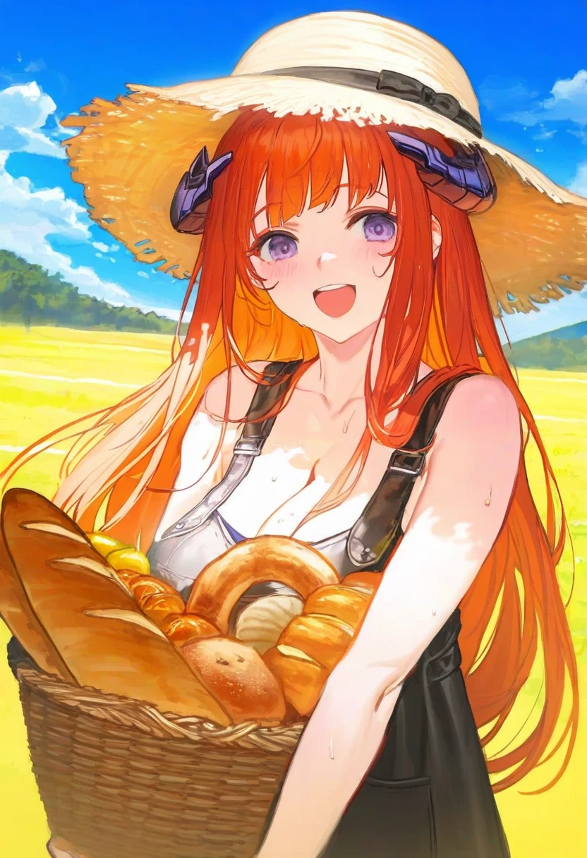 nababa,[KuroBlood,sencha \(senchat\)],timbougami,[[maccha \(mochancc\)]],[alchemaniac], - 1girl,bagpipe \(arknights\),arknights,baguette,blush,bread,croissant,holding basket,pretzel,upper body,straw hat,field,sky,laughing,sweat,sunlight,