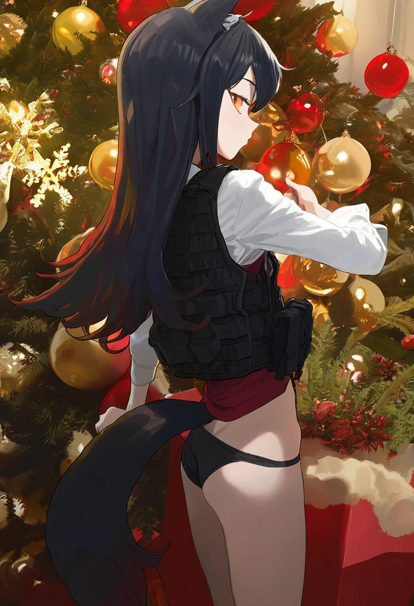 ((butterchalk,pumpkinspicelatte,modare,bee \(deadflow\))), - 1girl,texas \(arknights\),arknights,underwear,tactical vest,christmas tree,christmas ornaments,