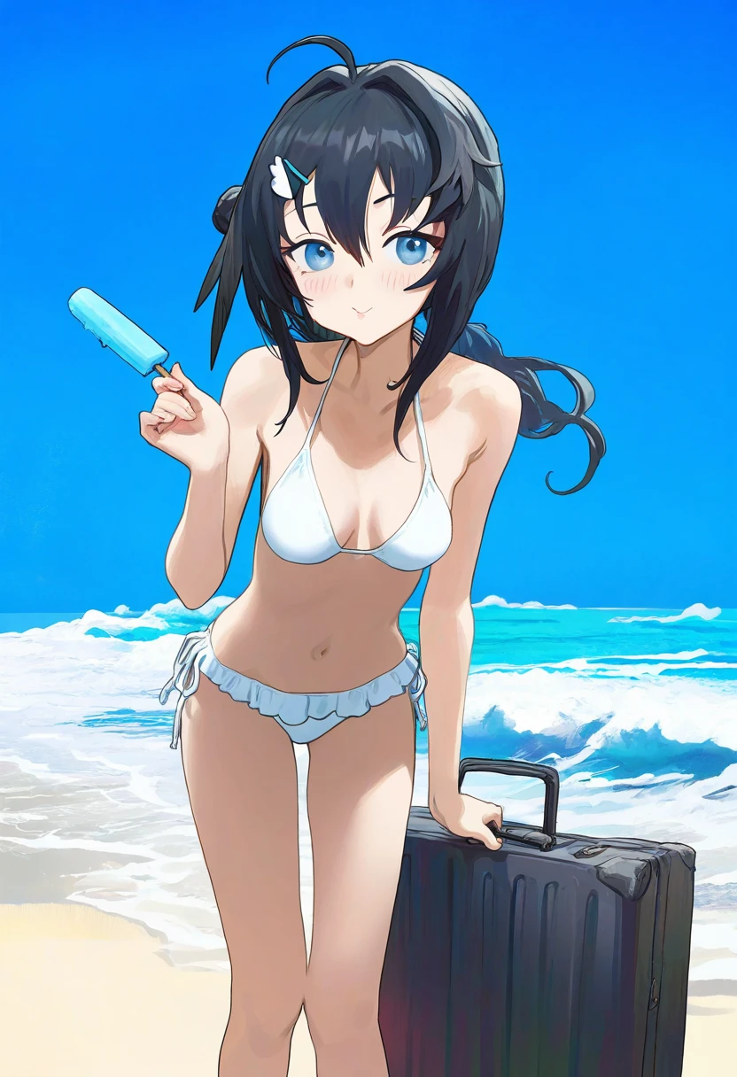 ((butterchalk,pumpkinspicelatte,modare,bee \(deadflow\))), - 1girl,la pluma \(summer flowers\) \(arknights\),arknights,white bikini,outdoors,navel,day,sky,blue sky,beach,suitcase,looking at viewer,ocean,low-tied long hair,leaning forward,standing,holding,frills,hand up,bare shoulders,floating hair,