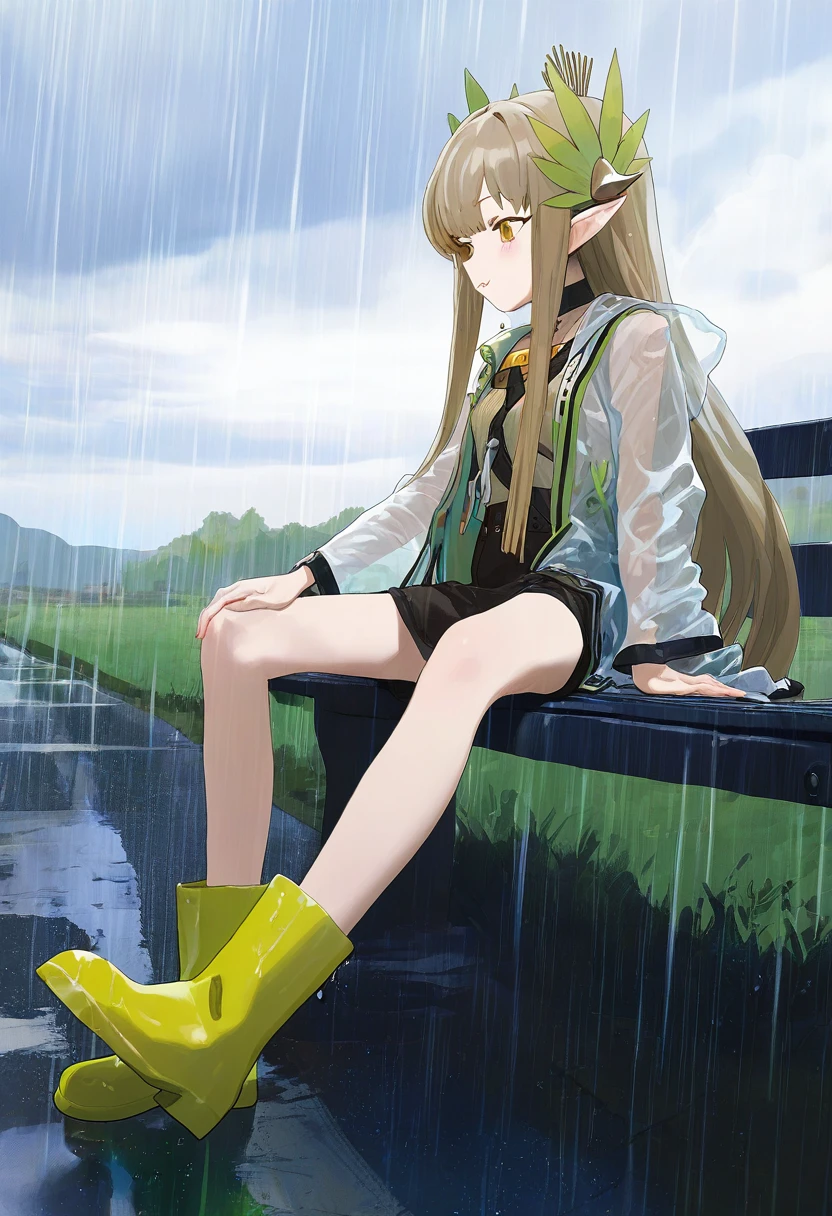 ((butterchalk,pumpkinspicelatte,modare,bee \(deadflow\))), - 1girl,muelsyse \(arknights\),arknights,cloudy sky,grass,on bench,outdoors,rain,road,yellow rubber boots,see-through coat,sitting,transparent raincoat,water drop,