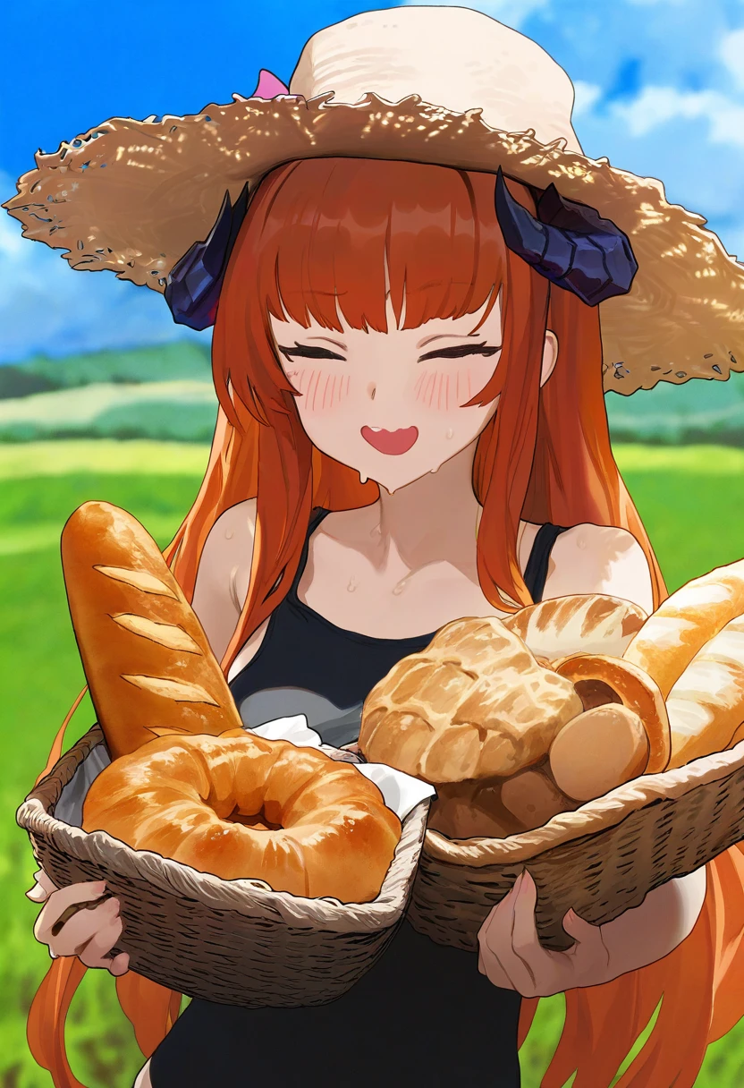 ((butterchalk,pumpkinspicelatte,modare,bee \(deadflow\))), - 1girl,bagpipe \(arknights\),arknights,baguette,blush,bread,croissant,holding basket,pretzel,upper body,straw hat,field,sky,laughing,sweat,sunlight,