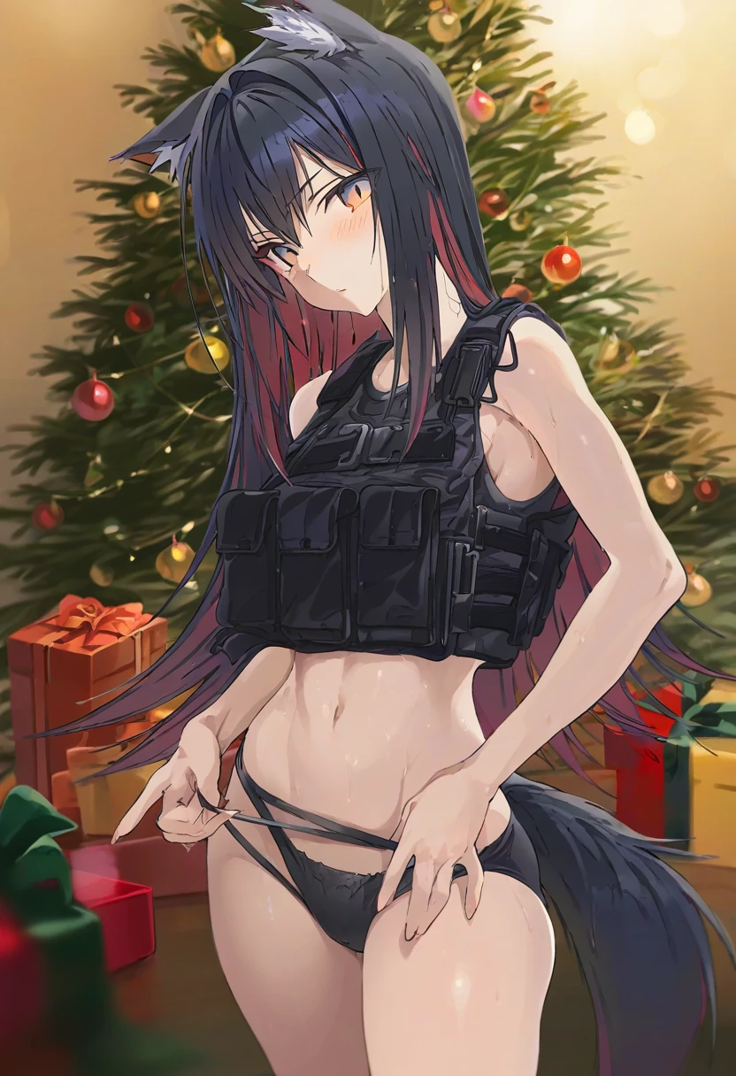 ruton-niki,[yoneyama mai],hxxg, - 1girl,texas \(arknights\),arknights,underwear,tactical vest,christmas tree,christmas ornaments,