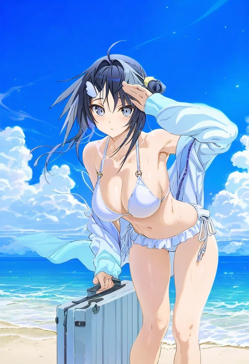 ruton-niki,[yoneyama mai],hxxg, - 1girl,la pluma \(summer flowers\) \(arknights\),arknights,white bikini,outdoors,navel,day,sky,blue sky,beach,suitcase,looking at viewer,ocean,low-tied long hair,leaning forward,standing,holding,frills,hand up,bare shoulders,floating hair,