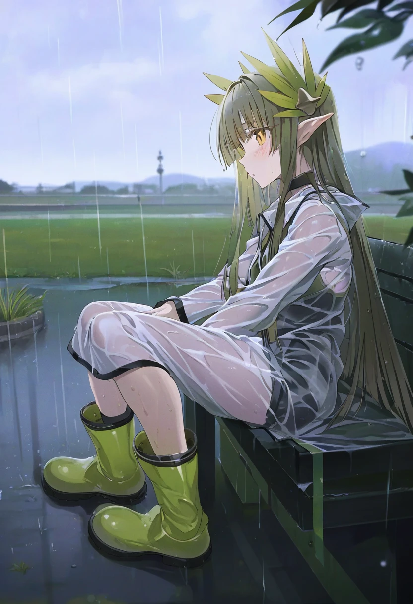 ruton-niki,[yoneyama mai],hxxg, - 1girl,muelsyse \(arknights\),arknights,cloudy sky,grass,on bench,outdoors,rain,road,yellow rubber boots,see-through coat,sitting,transparent raincoat,water drop,