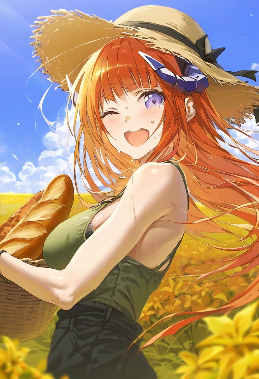 ruton-niki,[yoneyama mai],hxxg, - 1girl,bagpipe \(arknights\),arknights,baguette,blush,bread,croissant,holding basket,pretzel,upper body,straw hat,field,sky,laughing,sweat,sunlight,