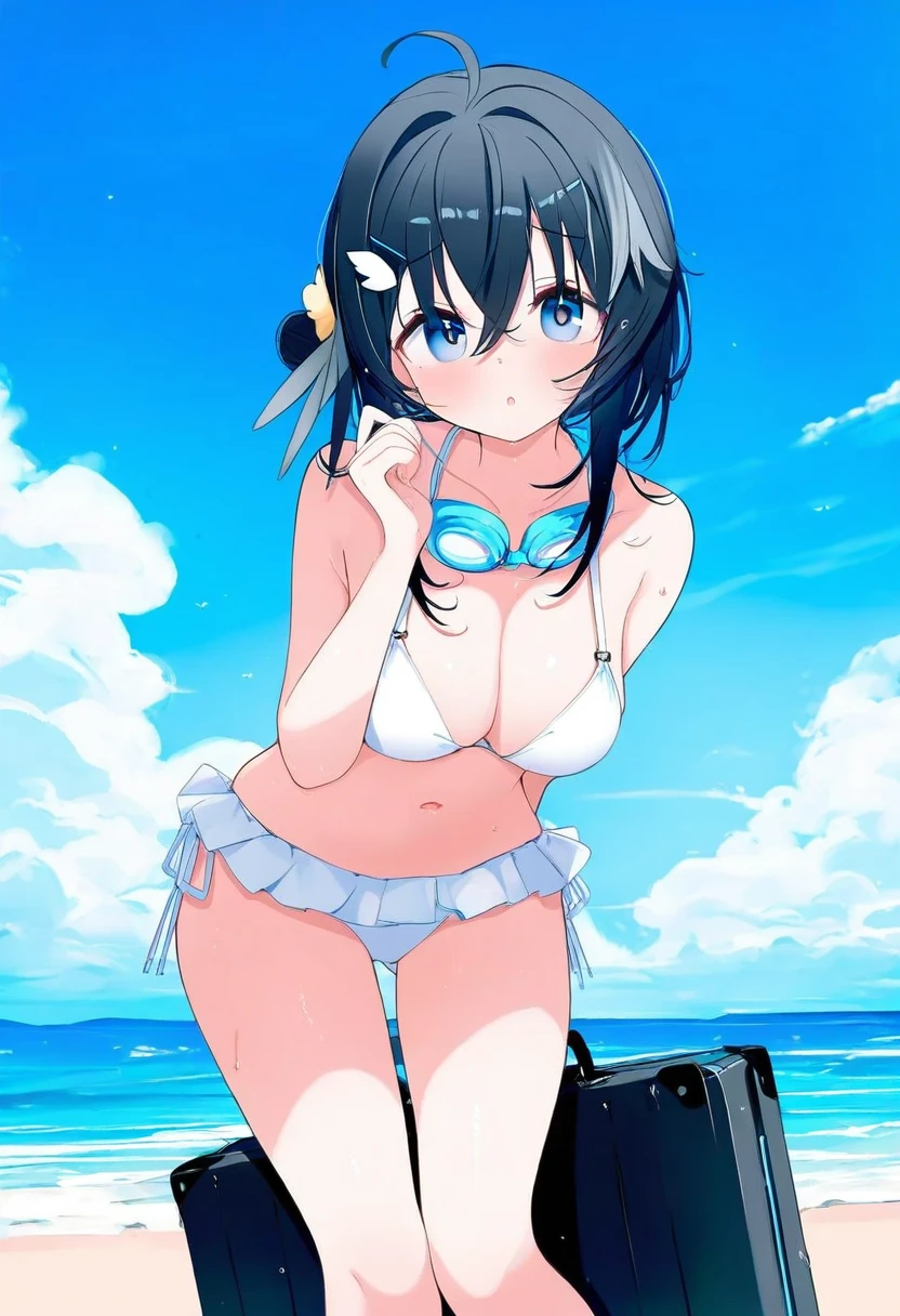 ((deyui,mikozin)),[jyt],40hara,[[gusha s]],((chen bin)), - 1girl,la pluma \(summer flowers\) \(arknights\),arknights,white bikini,outdoors,navel,day,sky,blue sky,beach,suitcase,looking at viewer,ocean,low-tied long hair,leaning forward,standing,holding,frills,hand up,bare shoulders,floating hair,