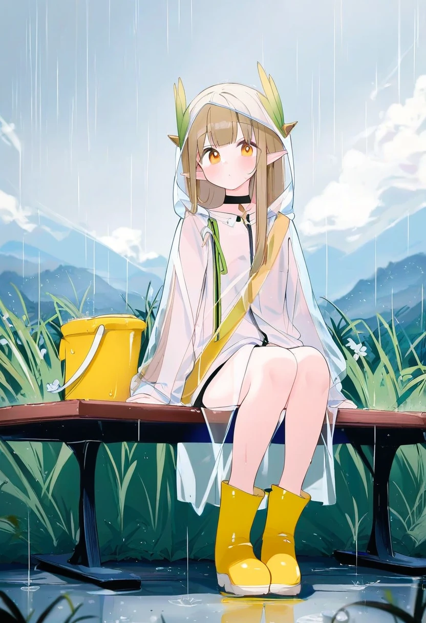 ((deyui,mikozin)),[jyt],40hara,[[gusha s]],((chen bin)), - 1girl,muelsyse \(arknights\),arknights,cloudy sky,grass,on bench,outdoors,rain,road,yellow rubber boots,see-through coat,sitting,transparent raincoat,water drop,